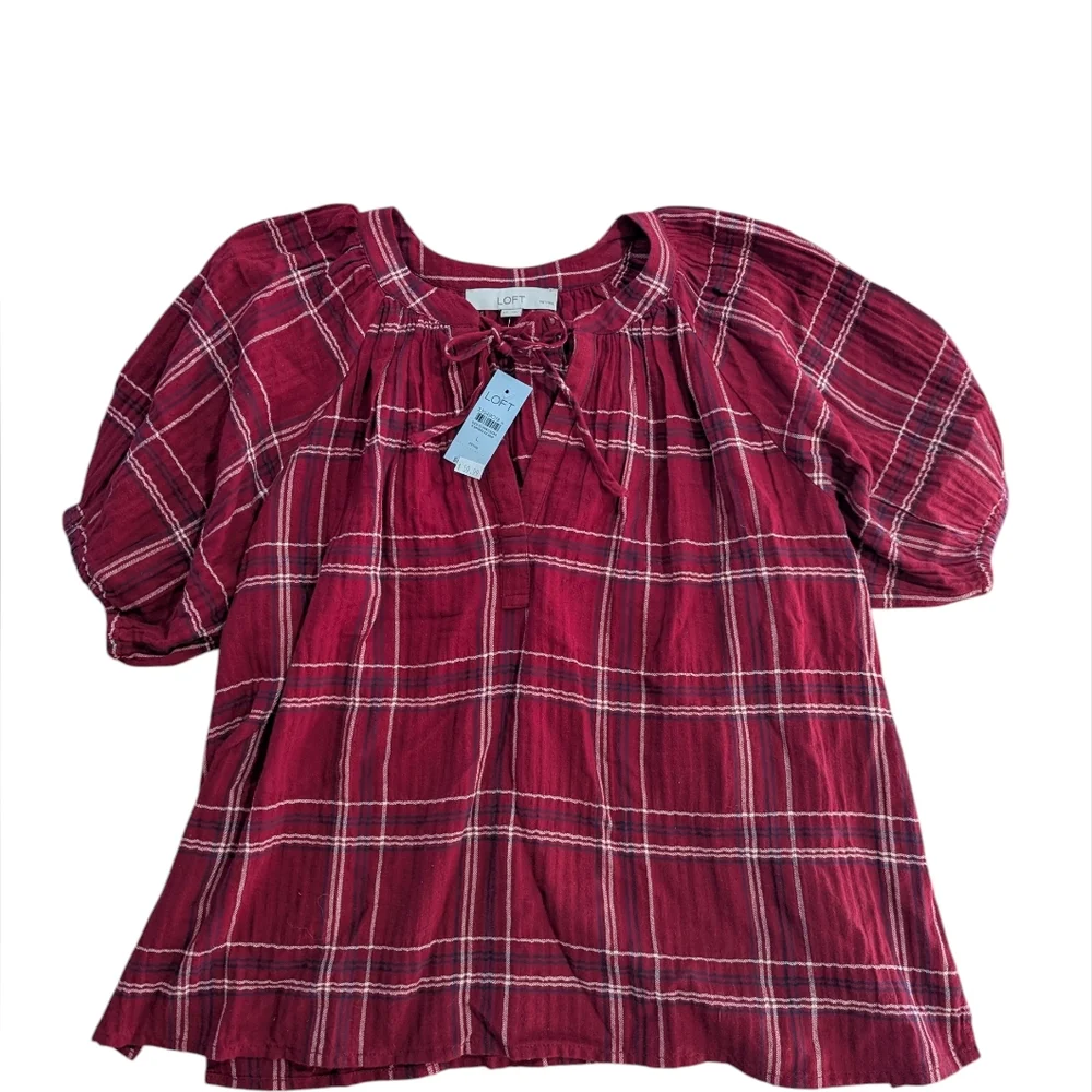 Loft Blouse Red Blue White Plaid Tie-Neck Puff Sleeve Top Size L Petite *NWT